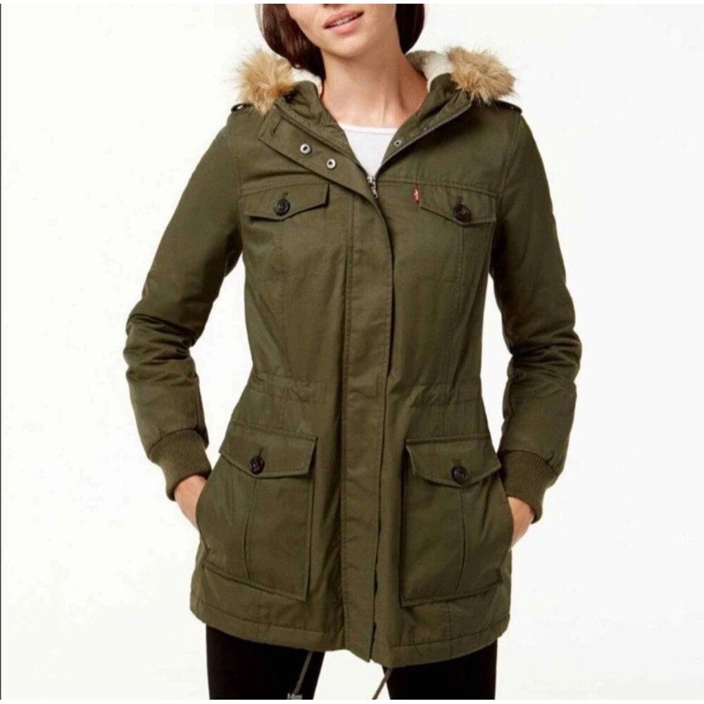 Levi’s Military Parka Coat Faux Fur Hooded Sherpa Lined Olive Green Size Small
